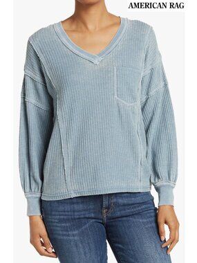 AMERICAN RAG CIE NWT V-NECK L/S COTTON BLEND BLUE STONE THERMAL SWEATER. M